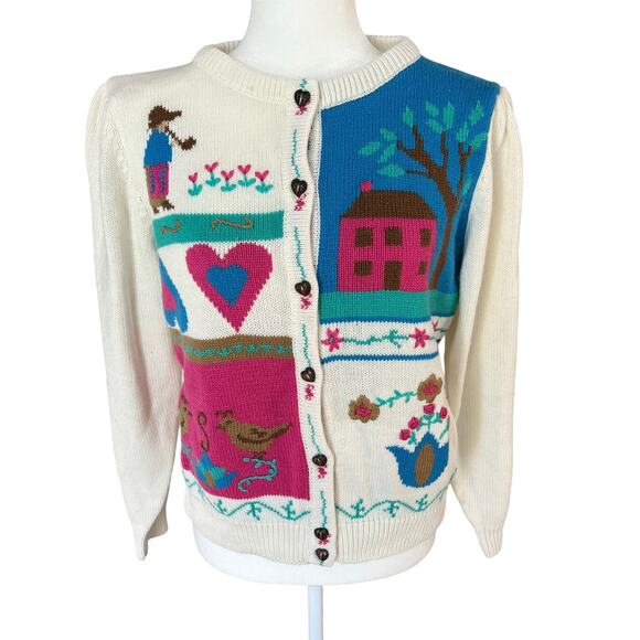 Vintage That's Me Puff Sleeve Folk Art Cardigan Medium Kidcore Cottagecore - Picture 1 of 11